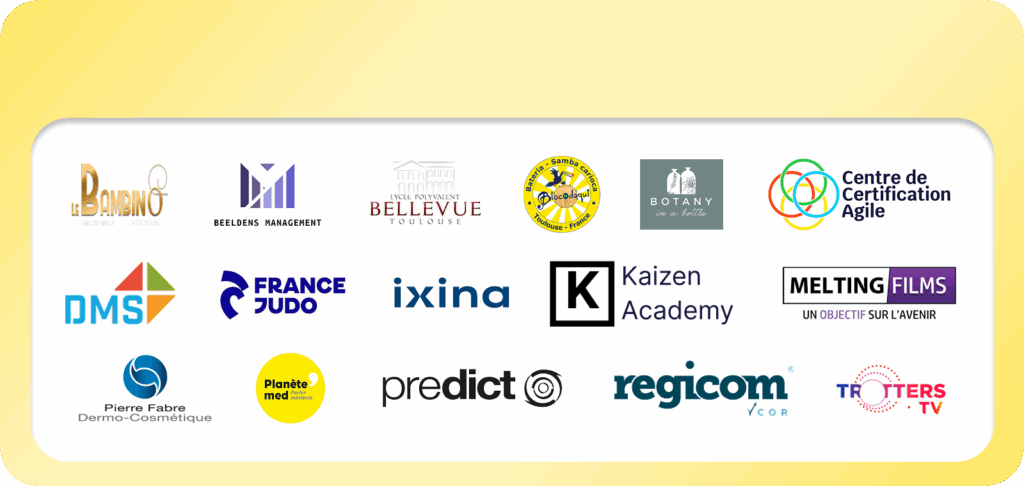 ils nous ont fait confiance : ixina, predict, regicom, Pierre Fabre, Frane judo, Trotters TV, le Bambino, Kaizen Academy, le centre de certification agile, Botany in a Bottle, Blocodaqui, meltingfilms, Planet MED, DMS éducation, Beeldens Management