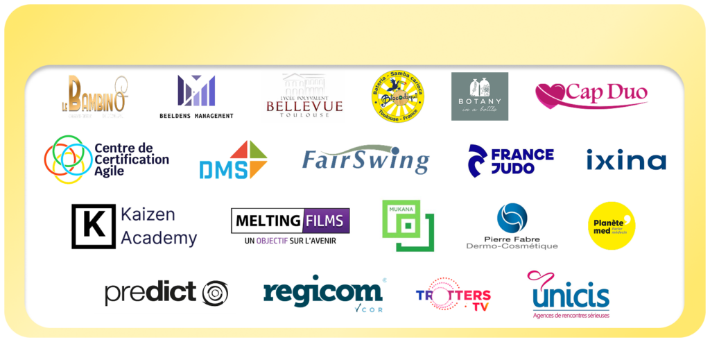 ils nous ont fait confiance : le bambino, Beeldens management, Lycée Bellevue, Blocodaqui, Botany in a bottle, CapDuo, centre de certification agile, dms éducation, fairswing, france judo, ixina, kaizen academy, melting films, mukana, pierre fabre planète mes, predict services, régicom, trotters tv, unicis
